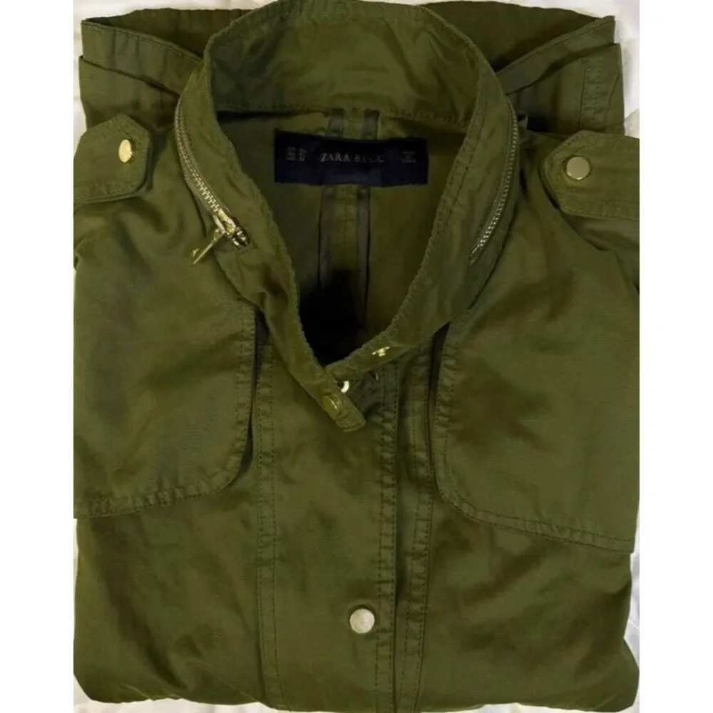 Zara Basic Ladies XL Green Military Jacket Snap Front Pockets Faux Hood‎ Zip